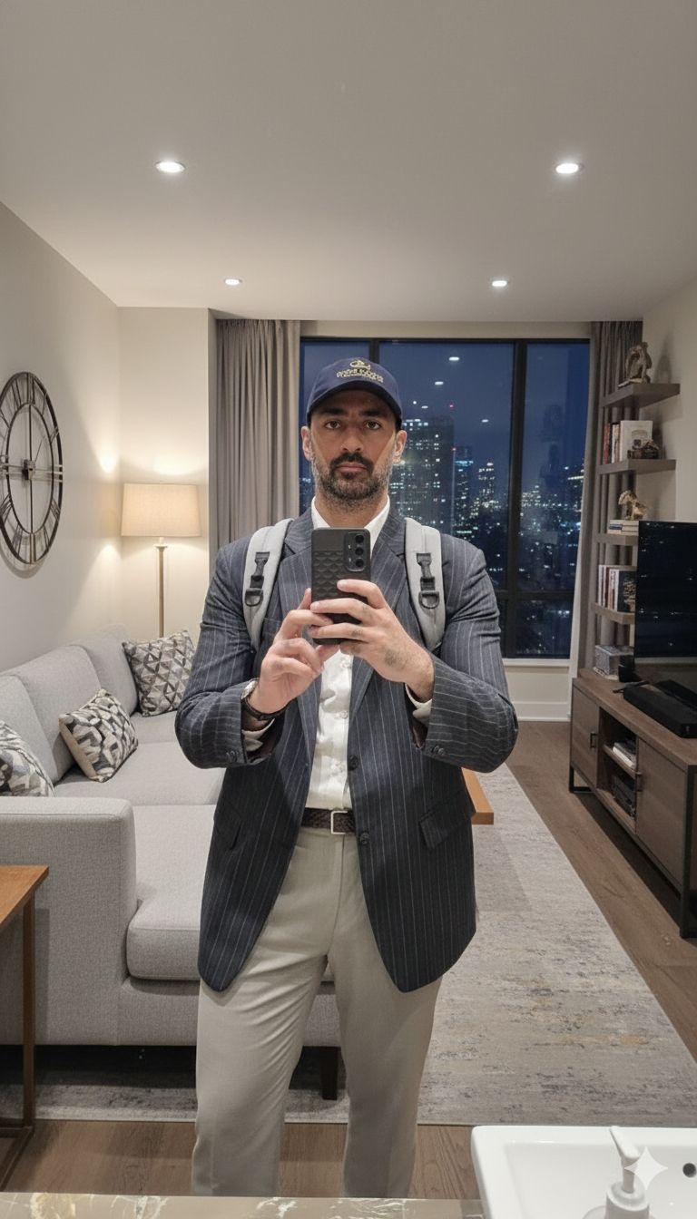 Satyn in a pinstripe suit